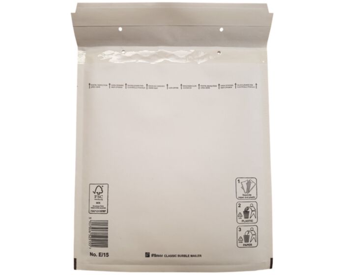 FSC Papier: Witte luchtkussen envelop E-15 tearstrip, binnenmaat in MM: 220 x 265, is brievenbus geschikt
